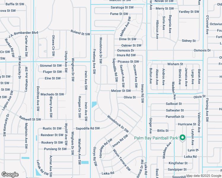 map of restaurants, bars, coffee shops, grocery stores, and more near 1011 Melzer Street Southwest in Palm Bay