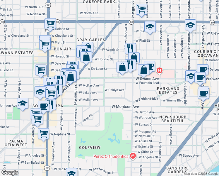 map of restaurants, bars, coffee shops, grocery stores, and more near 3125 West Oaklyn Avenue in Tampa