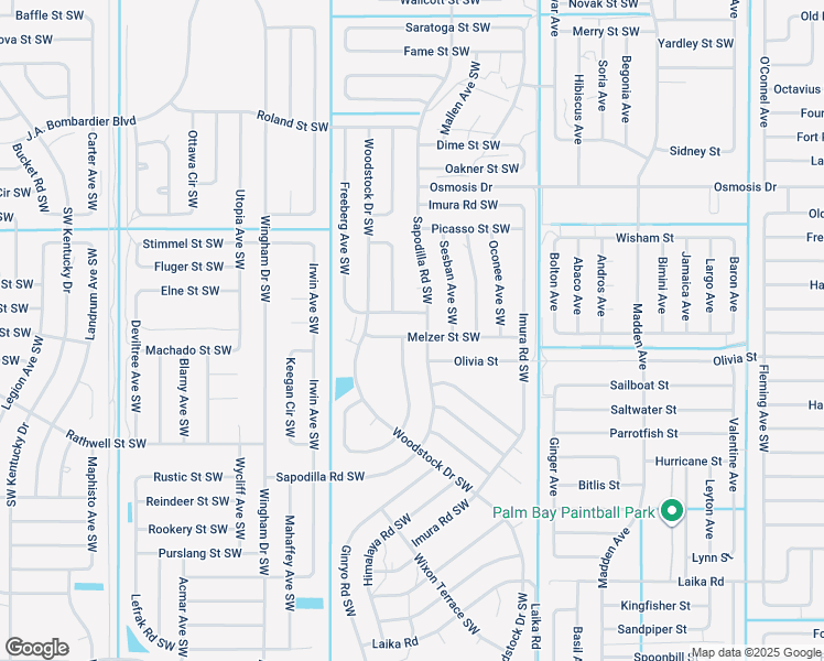 map of restaurants, bars, coffee shops, grocery stores, and more near 1011 Melzer Street Southwest in Palm Bay