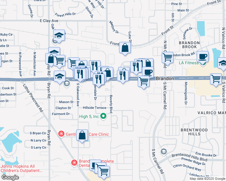 map of restaurants, bars, coffee shops, grocery stores, and more near 920 Woodland Terrace in Brandon