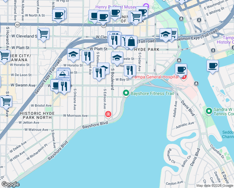 map of restaurants, bars, coffee shops, grocery stores, and more near 722 South Boulevard in Tampa