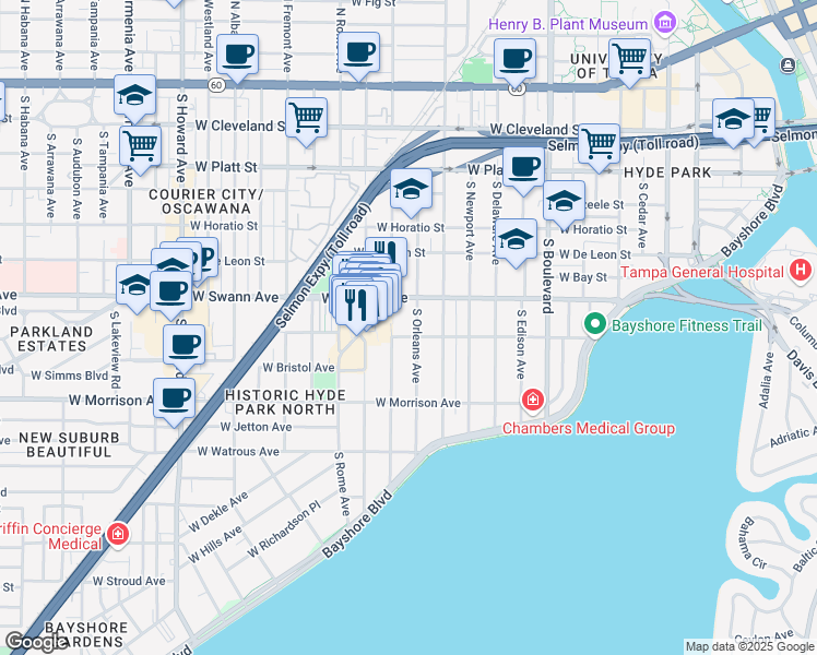map of restaurants, bars, coffee shops, grocery stores, and more near 726 West Inman Avenue in Tampa
