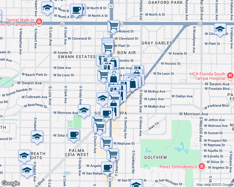 map of restaurants, bars, coffee shops, grocery stores, and more near 3711 West Inman Avenue in Tampa