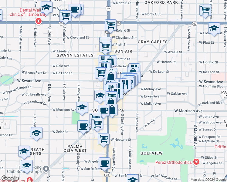 map of restaurants, bars, coffee shops, grocery stores, and more near 3711 West Inman Avenue in Tampa