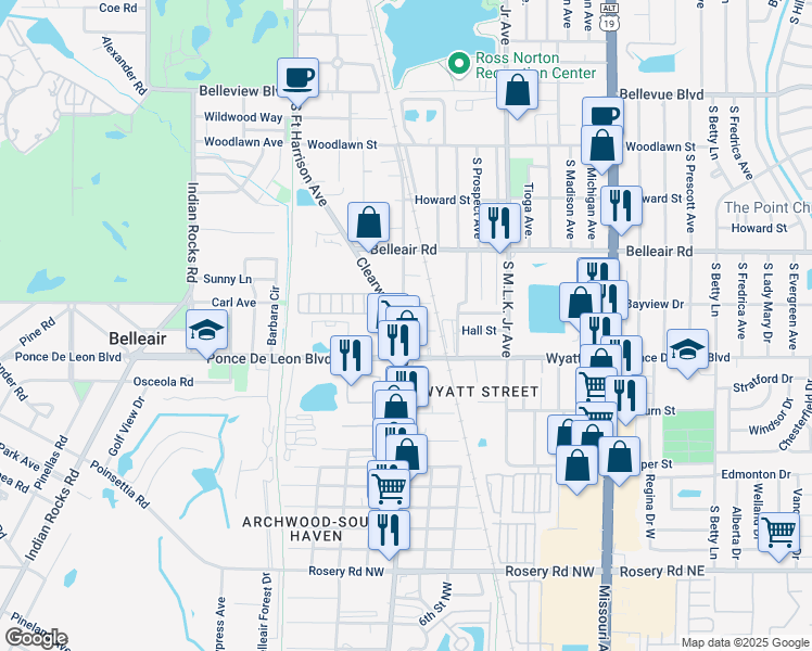 map of restaurants, bars, coffee shops, grocery stores, and more near 1687 Clearwater Largo Road North in Clearwater