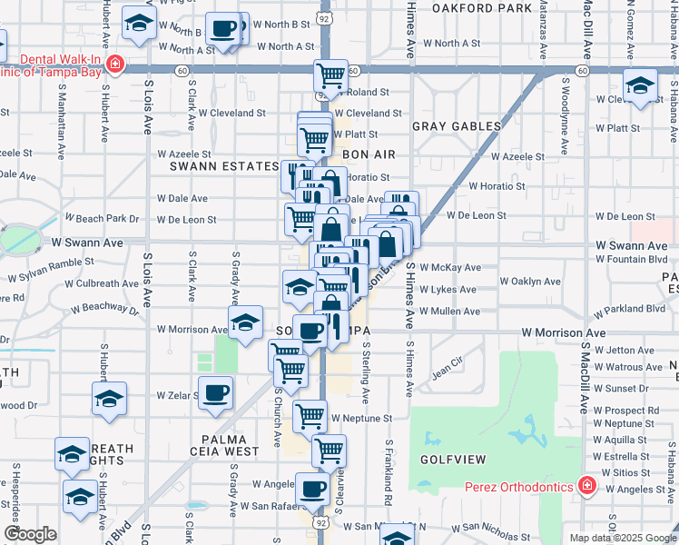 map of restaurants, bars, coffee shops, grocery stores, and more near 3711 West Inman Avenue in Tampa