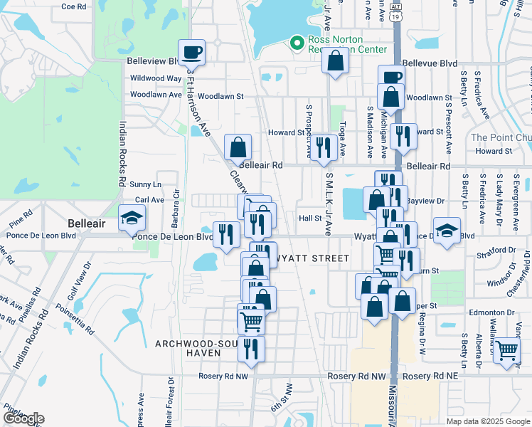 map of restaurants, bars, coffee shops, grocery stores, and more near 1687 Clearwater Largo Road North in Clearwater