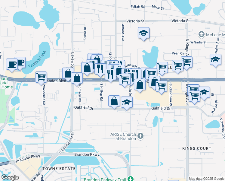 map of restaurants, bars, coffee shops, grocery stores, and more near 1351 West Brandon Boulevard in Brandon