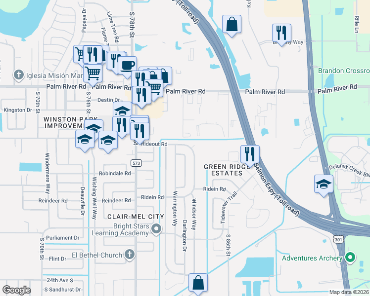 map of restaurants, bars, coffee shops, grocery stores, and more near 1304 Warrington Way in Tampa