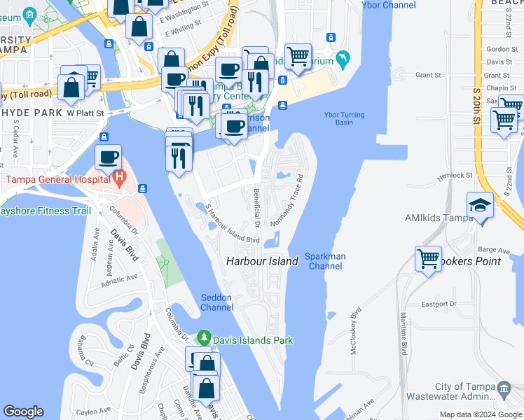 map of restaurants, bars, coffee shops, grocery stores, and more near 1002 South Harbour Island Boulevard in Tampa