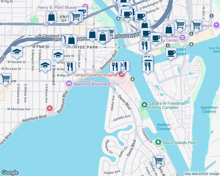 map of restaurants, bars, coffee shops, grocery stores, and more near 2 Adalia Avenue in Tampa