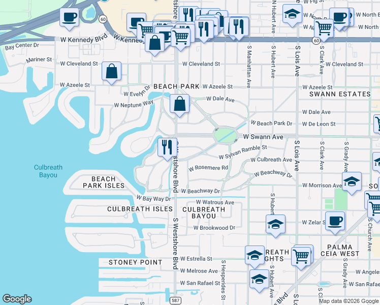 map of restaurants, bars, coffee shops, grocery stores, and more near 4524 West Woodmere Road in Tampa