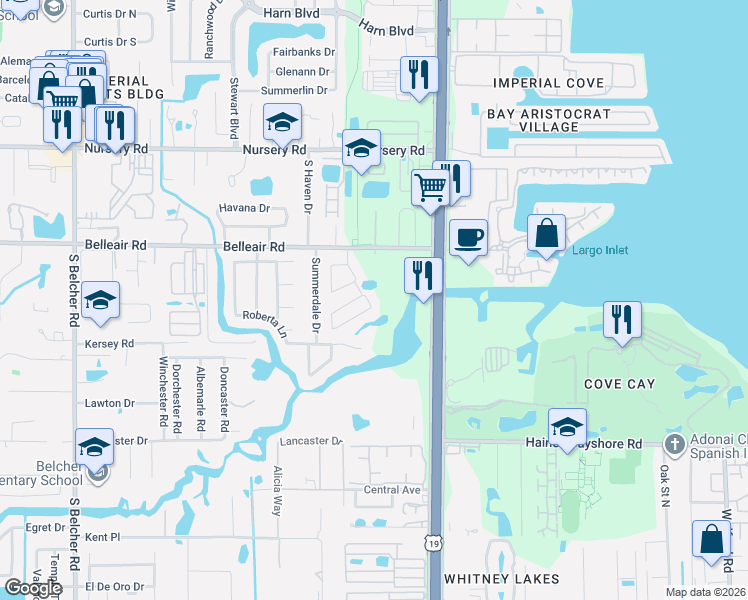 map of restaurants, bars, coffee shops, grocery stores, and more near 1645 Eagle Creek Drive in Clearwater