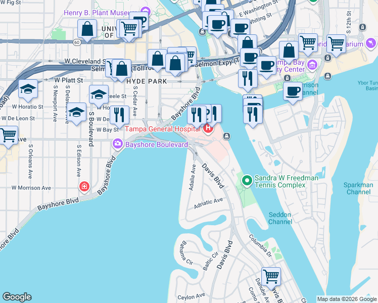 map of restaurants, bars, coffee shops, grocery stores, and more near 2 Adalia Avenue in Tampa