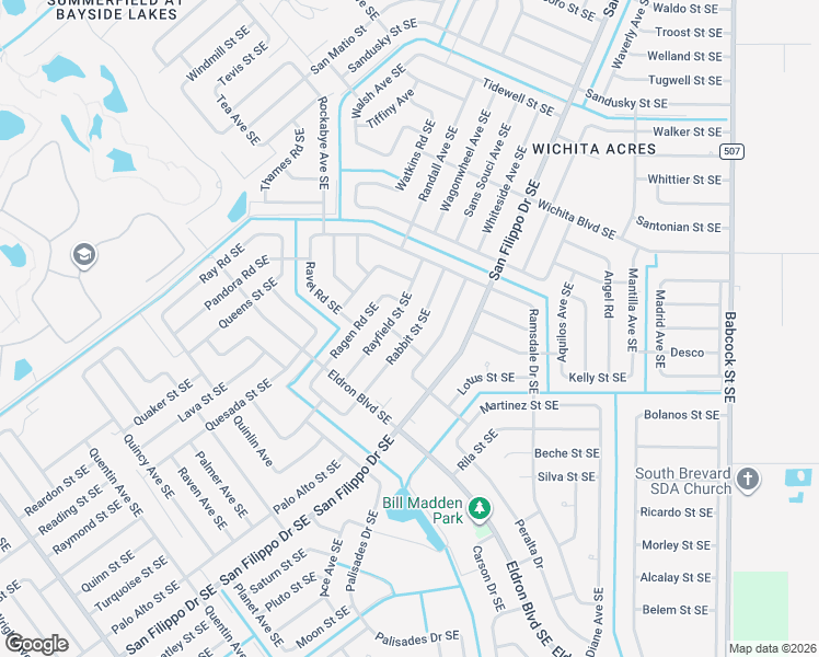 map of restaurants, bars, coffee shops, grocery stores, and more near 1305 Rabbit Street Southeast in Palm Bay