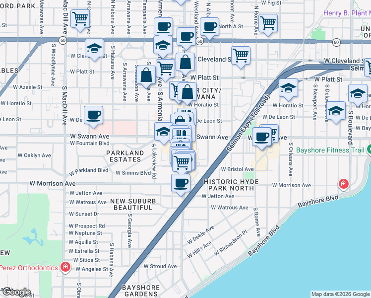 map of restaurants, bars, coffee shops, grocery stores, and more near 714 South Howard Avenue in Tampa