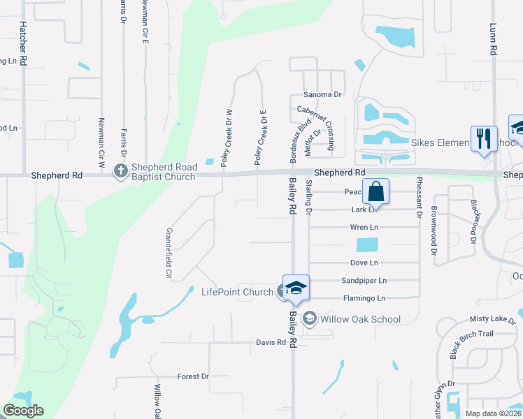 map of restaurants, bars, coffee shops, grocery stores, and more near 3615 Walker Road in Mulberry