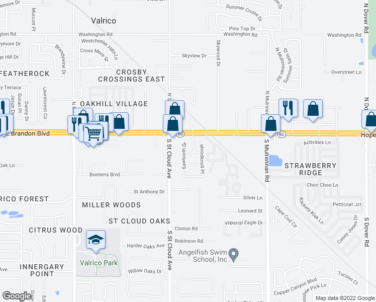 map of restaurants, bars, coffee shops, grocery stores, and more near 2908 Amber Oak Drive in Valrico