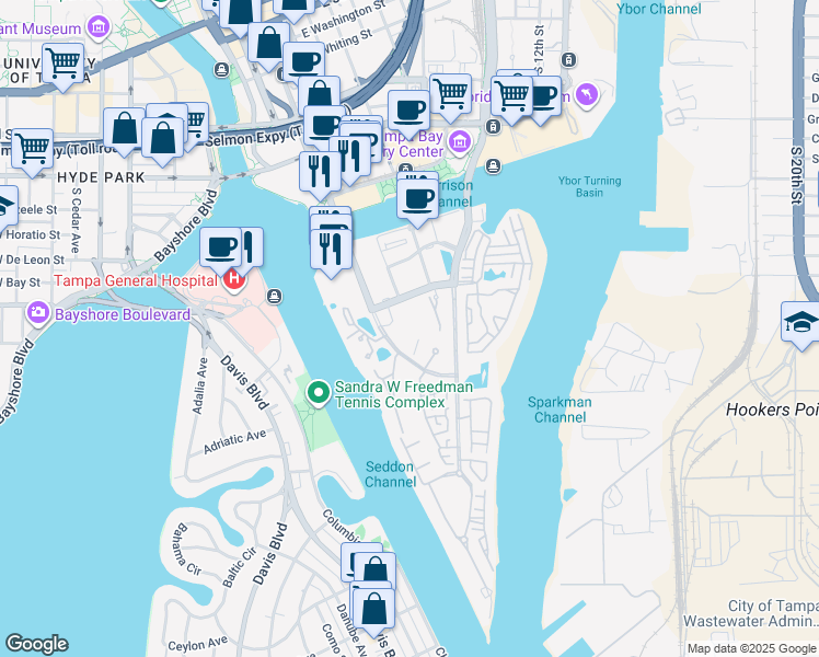 map of restaurants, bars, coffee shops, grocery stores, and more near 900 South Harbour Island Boulevard in Tampa