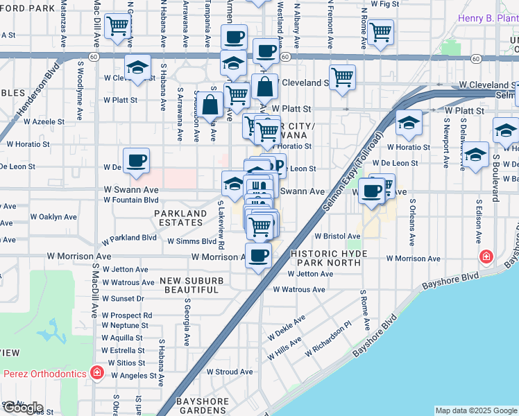 map of restaurants, bars, coffee shops, grocery stores, and more near 717 South Howard Avenue in Tampa