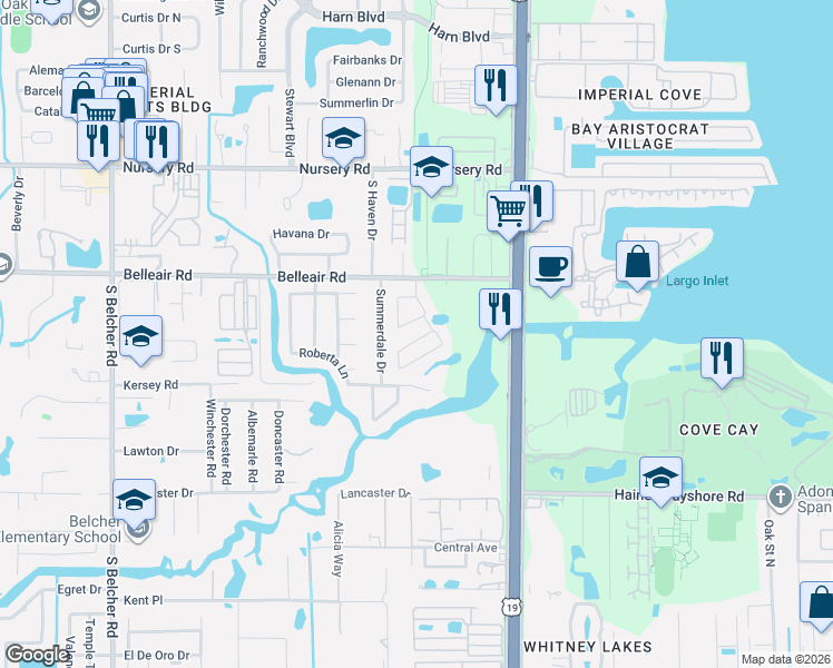 map of restaurants, bars, coffee shops, grocery stores, and more near 2489 Foggy Creek Circle in Clearwater