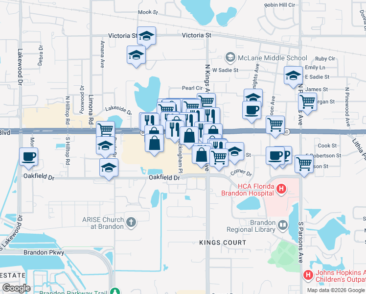 map of restaurants, bars, coffee shops, grocery stores, and more near 750 West Robertson Street in Brandon