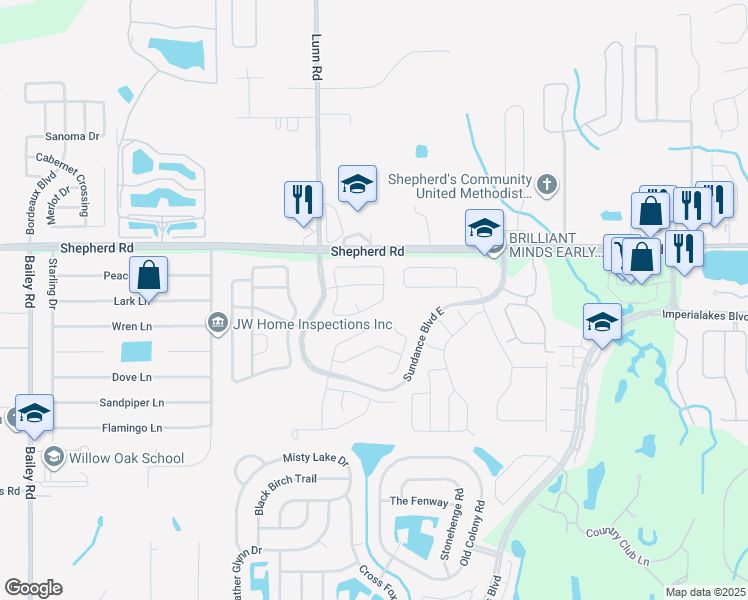 map of restaurants, bars, coffee shops, grocery stores, and more near 2638 Sundance Circle in Mulberry