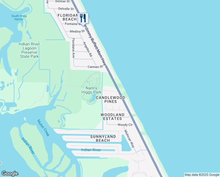 map of restaurants, bars, coffee shops, grocery stores, and more near 120 Mullet Creek Road in Melbourne Beach
