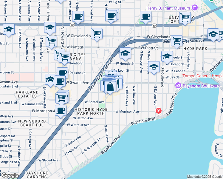 map of restaurants, bars, coffee shops, grocery stores, and more near 740 South Village Circle in Tampa