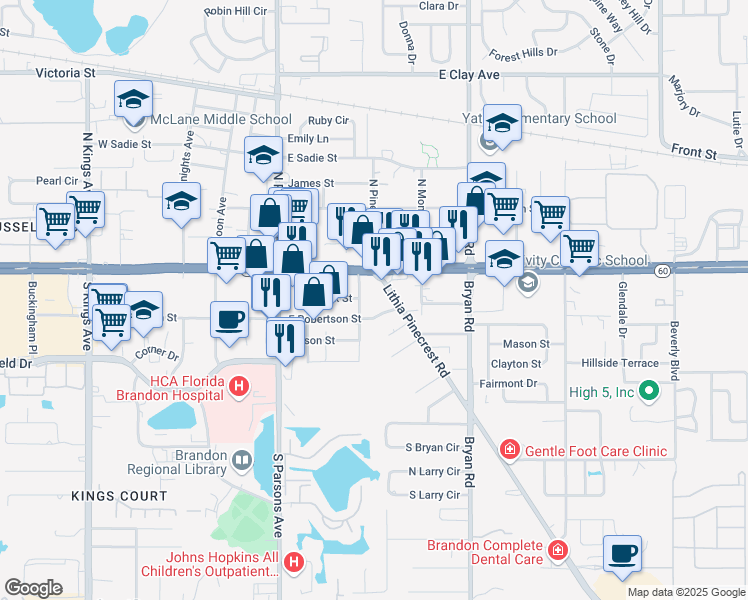 map of restaurants, bars, coffee shops, grocery stores, and more near 331 East Robertson Street in Brandon