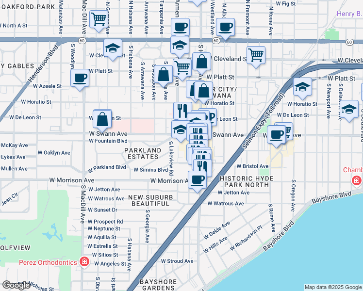 map of restaurants, bars, coffee shops, grocery stores, and more near 2418 West Swann Avenue in Tampa