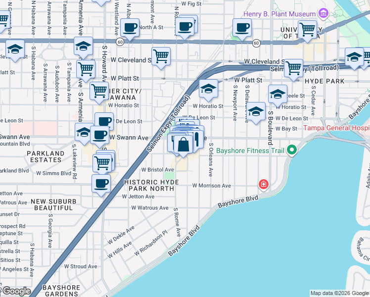 map of restaurants, bars, coffee shops, grocery stores, and more near 740 South Village Circle in Tampa