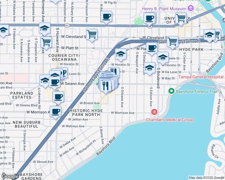 map of restaurants, bars, coffee shops, grocery stores, and more near 726 West Inman Avenue in Tampa