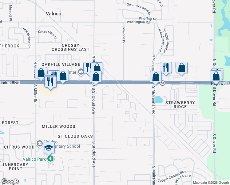 map of restaurants, bars, coffee shops, grocery stores, and more near 121 Woodknoll Place in Valrico