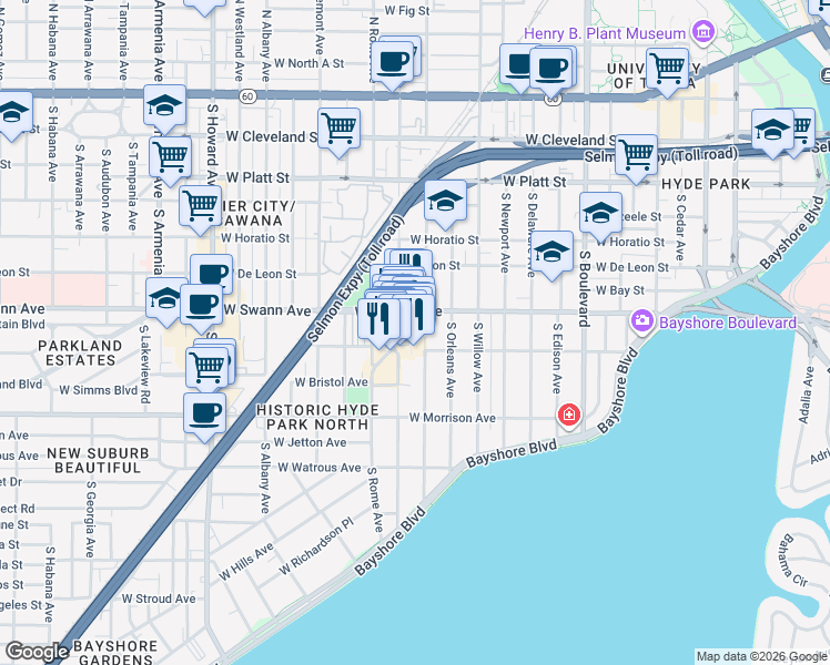 map of restaurants, bars, coffee shops, grocery stores, and more near 726 West Inman Avenue in Tampa