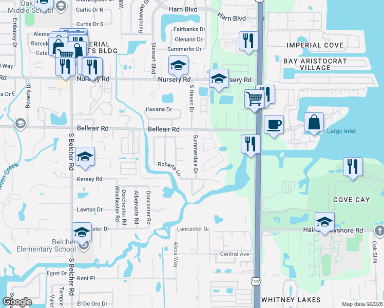 map of restaurants, bars, coffee shops, grocery stores, and more near 1665 Summerdale Drive in Clearwater