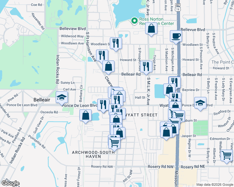 map of restaurants, bars, coffee shops, grocery stores, and more near 1687 Clearwater Largo Road North in Clearwater