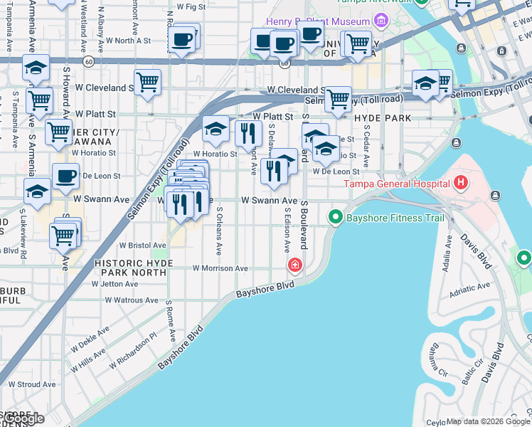 map of restaurants, bars, coffee shops, grocery stores, and more near 716 South Newport Avenue in Tampa