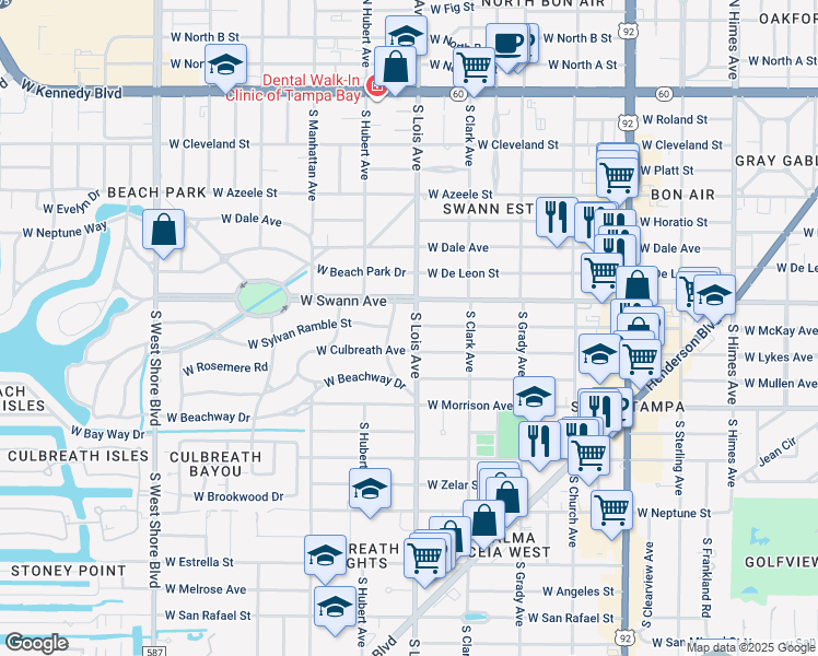map of restaurants, bars, coffee shops, grocery stores, and more near 709 South Lois Avenue in Tampa