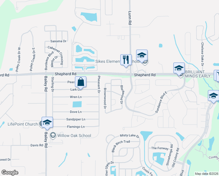 map of restaurants, bars, coffee shops, grocery stores, and more near 2621 Whitewood Road in Mulberry