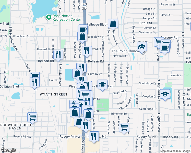 map of restaurants, bars, coffee shops, grocery stores, and more near 1650 Young Avenue in Clearwater