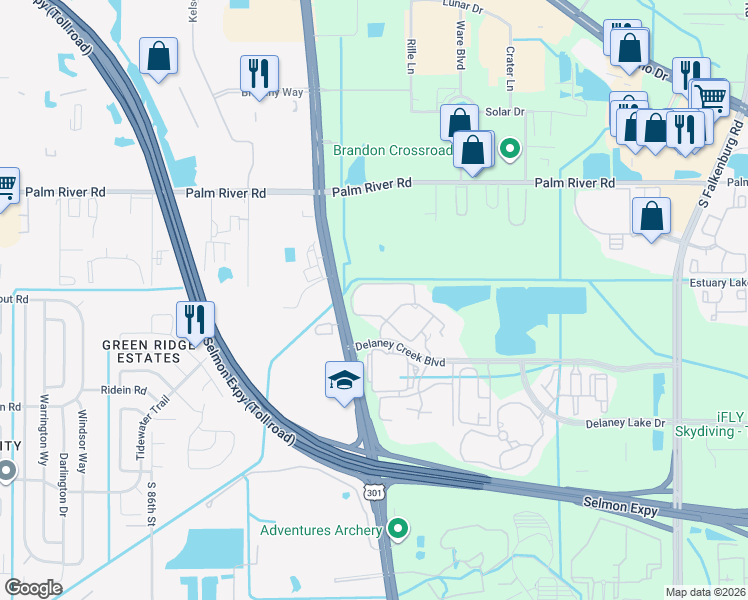 map of restaurants, bars, coffee shops, grocery stores, and more near 9314 Crescent Loop Circle in Tampa