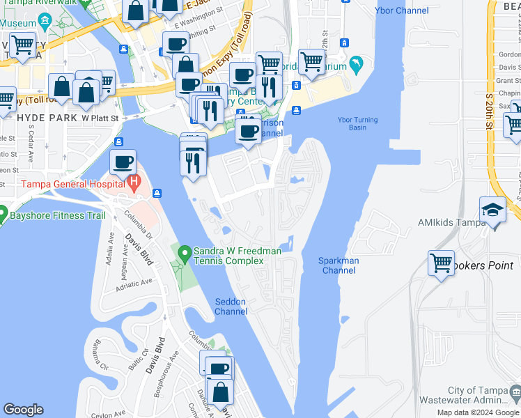 map of restaurants, bars, coffee shops, grocery stores, and more near 1002 South Harbour Island Boulevard in Tampa
