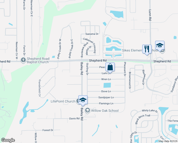 map of restaurants, bars, coffee shops, grocery stores, and more near 3520 Lark Lane in Mulberry