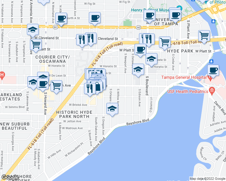 map of restaurants, bars, coffee shops, grocery stores, and more near 712 S Orleans Ave in Tampa