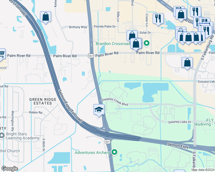 map of restaurants, bars, coffee shops, grocery stores, and more near 9314 Crescent Loop Circle in Tampa