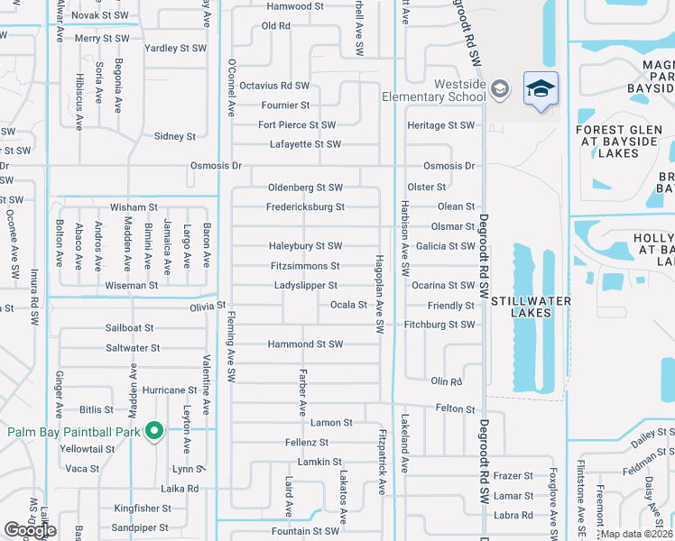 map of restaurants, bars, coffee shops, grocery stores, and more near 482 Haleybury Street Southwest in Palm Bay