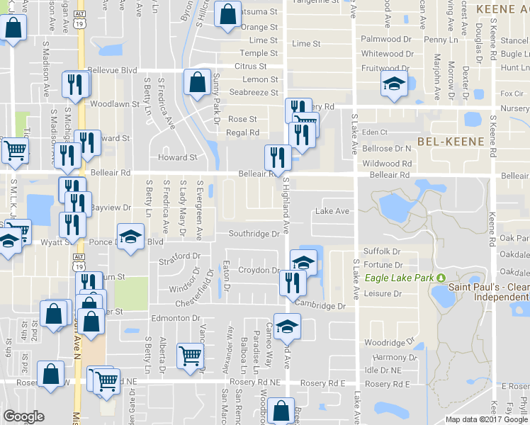 map of restaurants, bars, coffee shops, grocery stores, and more near 1465 Bayview Drive in Clearwater