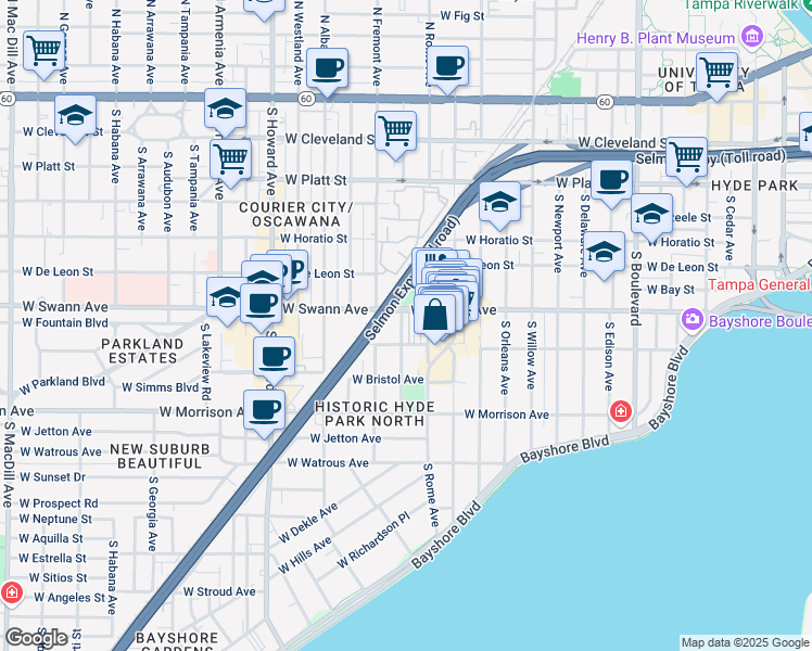 map of restaurants, bars, coffee shops, grocery stores, and more near 1799 West Swann Avenue in Tampa