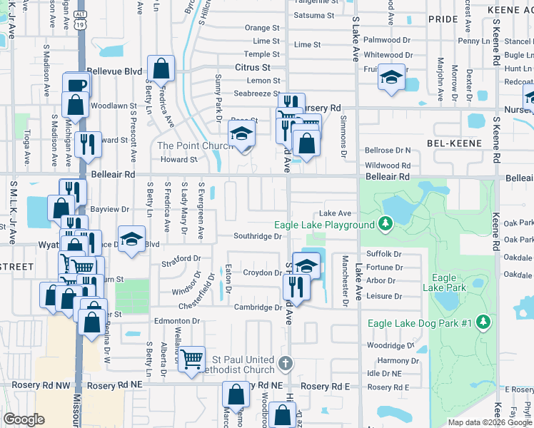 map of restaurants, bars, coffee shops, grocery stores, and more near 1465 Bayview Drive in Clearwater